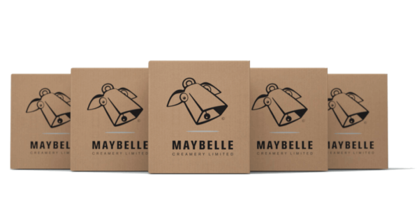 Boxes of soft serve mix with Maybelle logo on them