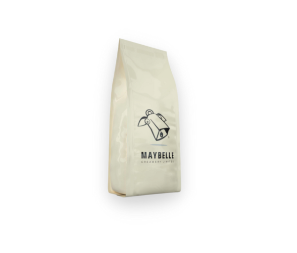 vanilla soft serve powder in a sealed metal bag with Maybelle logo